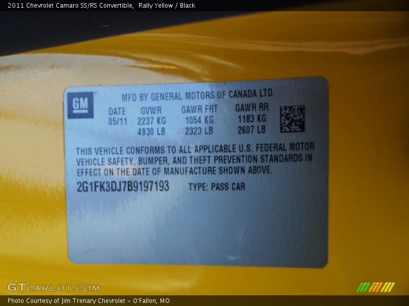 Info Tag of 2011 Camaro SS/RS Convertible