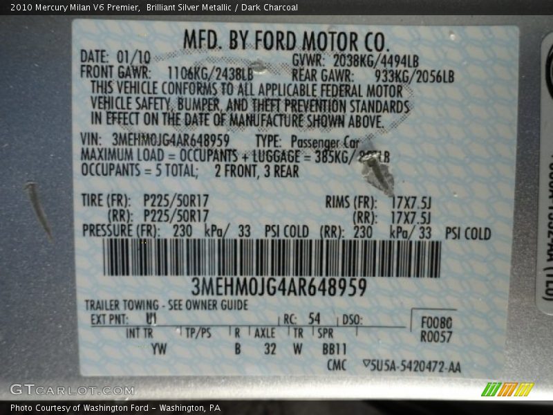 Brilliant Silver Metallic / Dark Charcoal 2010 Mercury Milan V6 Premier