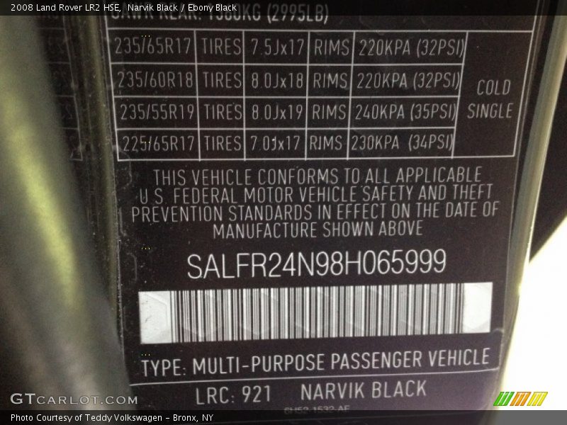 2008 LR2 HSE Narvik Black Color Code 921