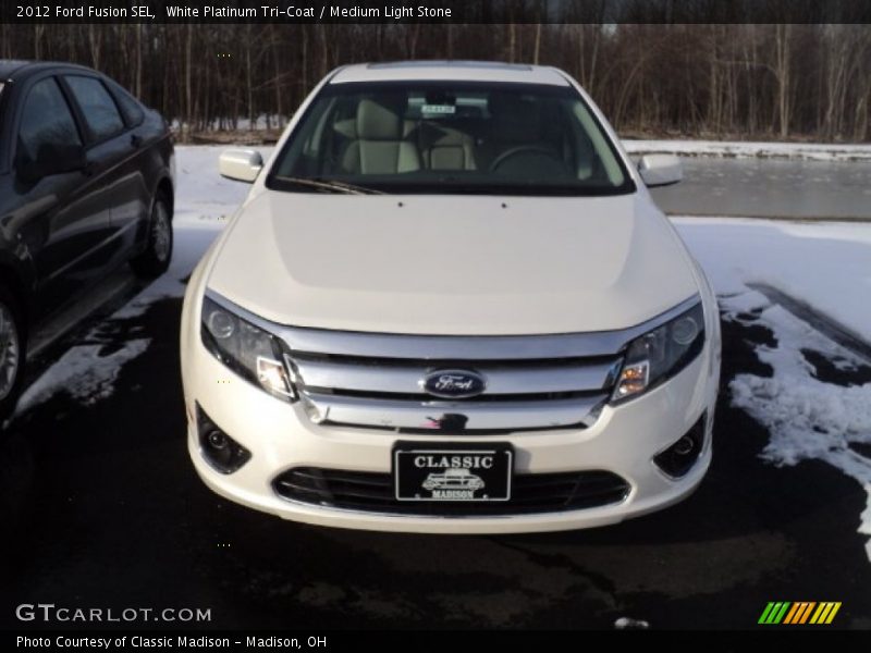White Platinum Tri-Coat / Medium Light Stone 2012 Ford Fusion SEL