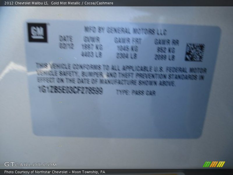 Gold Mist Metallic / Cocoa/Cashmere 2012 Chevrolet Malibu LS