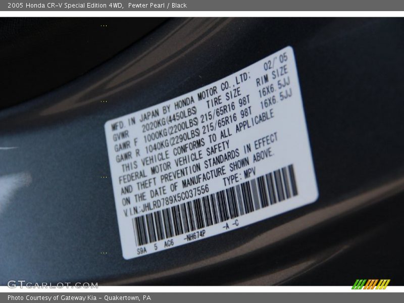 2005 CR-V Special Edition 4WD Pewter Pearl Color Code NH674P