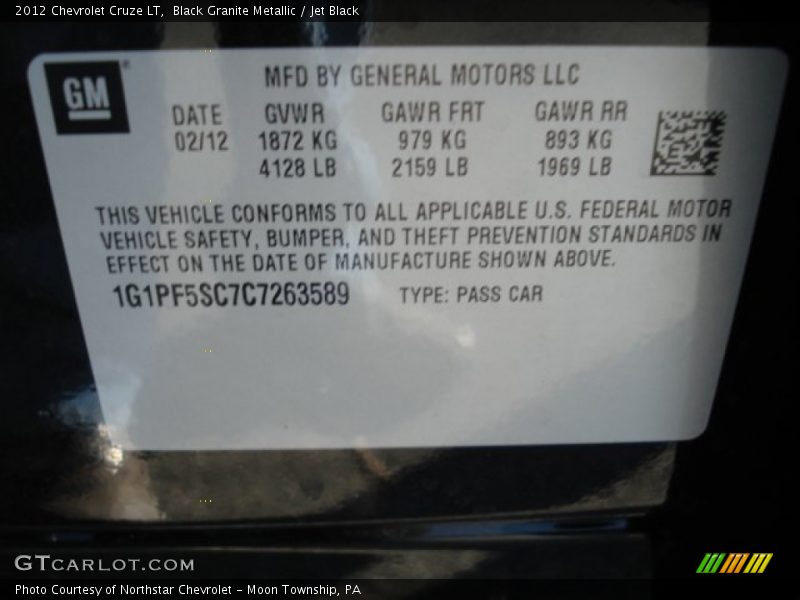 Black Granite Metallic / Jet Black 2012 Chevrolet Cruze LT
