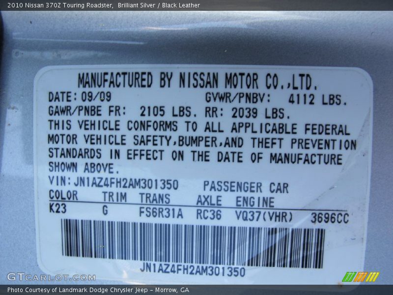 2010 370Z Touring Roadster Brilliant Silver Color Code K23