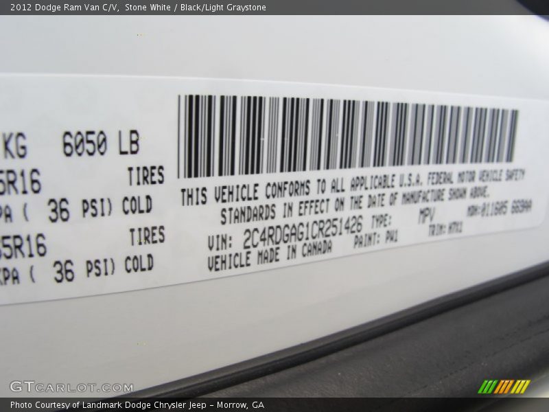2012 Ram Van C/V Stone White Color Code PW1