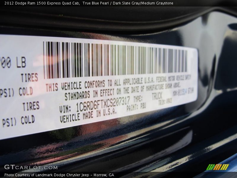 2012 Ram 1500 Express Quad Cab True Blue Pearl Color Code PBU