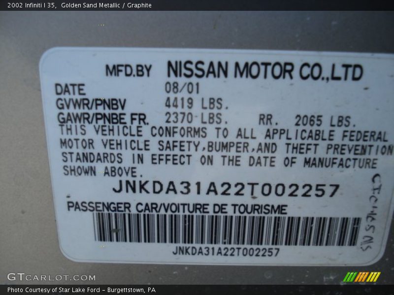 Golden Sand Metallic / Graphite 2002 Infiniti I 35