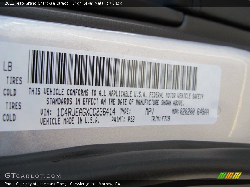 Bright Silver Metallic / Black 2012 Jeep Grand Cherokee Laredo