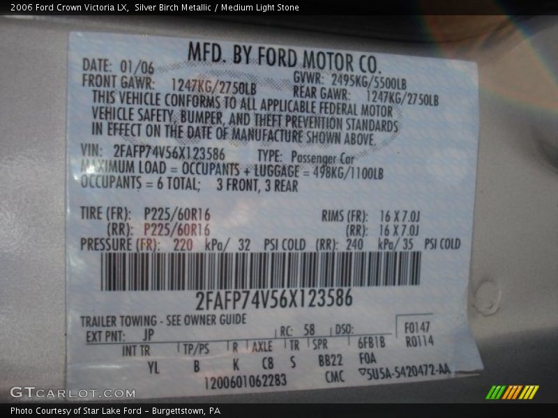 2006 Crown Victoria LX Silver Birch Metallic Color Code JP