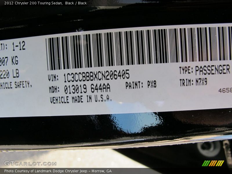 Black / Black 2012 Chrysler 200 Touring Sedan