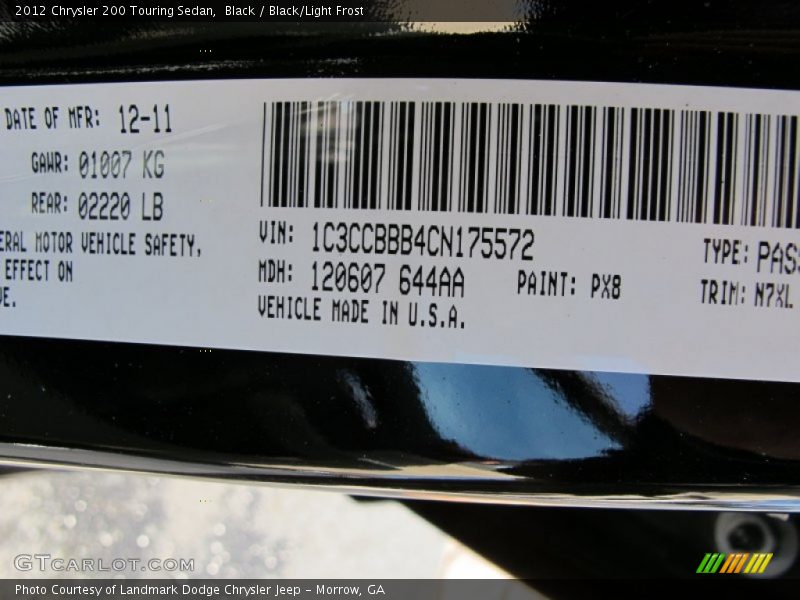 Black / Black/Light Frost 2012 Chrysler 200 Touring Sedan