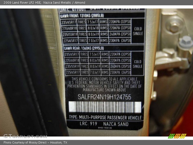 2009 LR2 HSE Nazca Sand Metallic Color Code 919