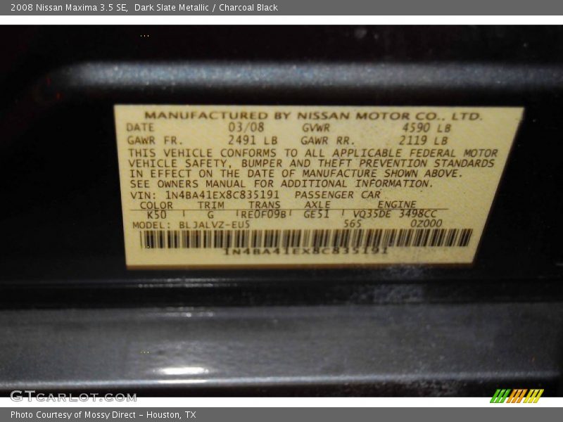 Dark Slate Metallic / Charcoal Black 2008 Nissan Maxima 3.5 SE