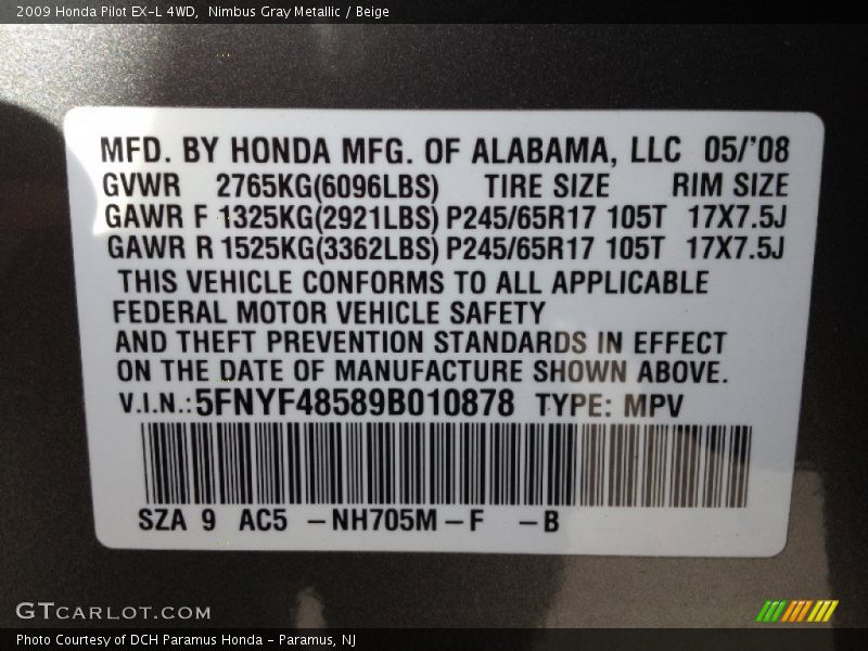 Nimbus Gray Metallic / Beige 2009 Honda Pilot EX-L 4WD