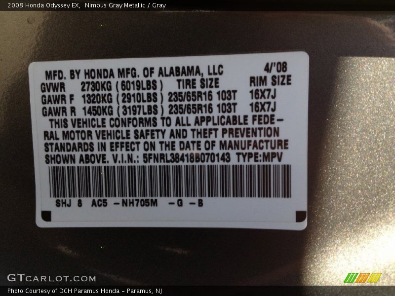 Nimbus Gray Metallic / Gray 2008 Honda Odyssey EX