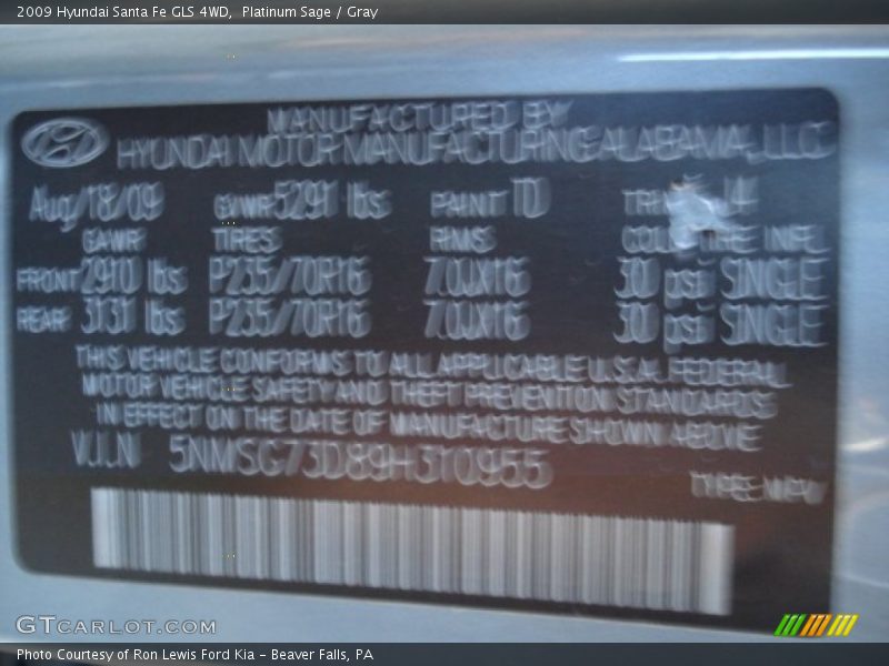 Platinum Sage / Gray 2009 Hyundai Santa Fe GLS 4WD