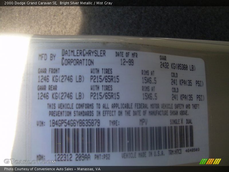 Bright Silver Metallic / Mist Gray 2000 Dodge Grand Caravan SE