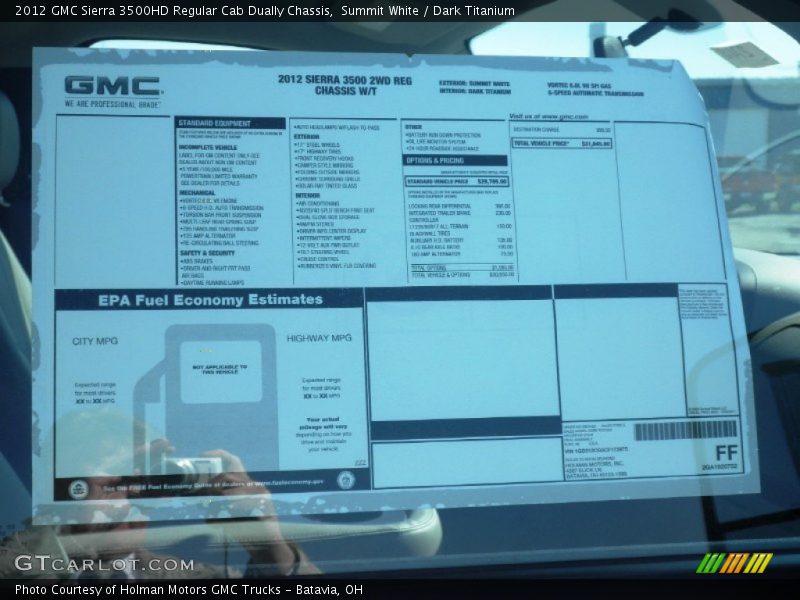  2012 Sierra 3500HD Regular Cab Dually Chassis Window Sticker