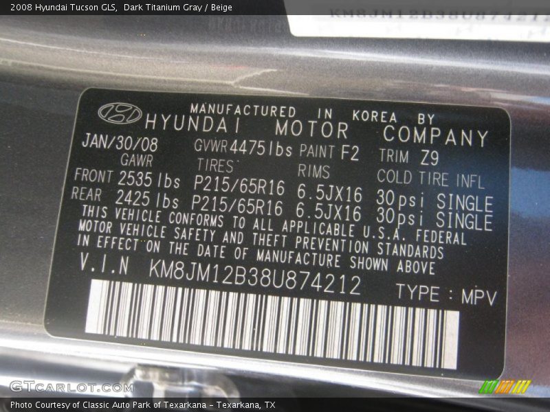 2008 Tucson GLS Dark Titanium Gray Color Code F2