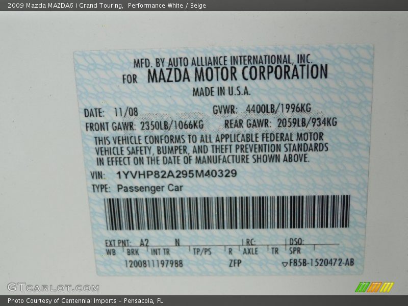 Performance White / Beige 2009 Mazda MAZDA6 i Grand Touring