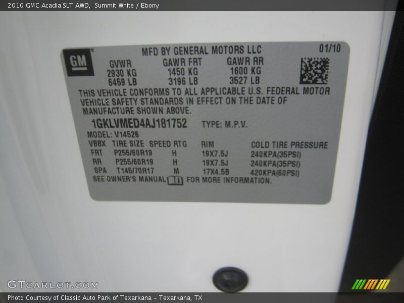 Summit White / Ebony 2010 GMC Acadia SLT AWD