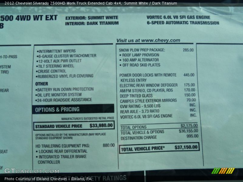  2012 Silverado 2500HD Work Truck Extended Cab 4x4 Window Sticker