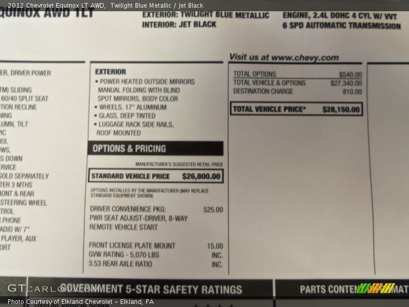 Twilight Blue Metallic / Jet Black 2012 Chevrolet Equinox LT AWD