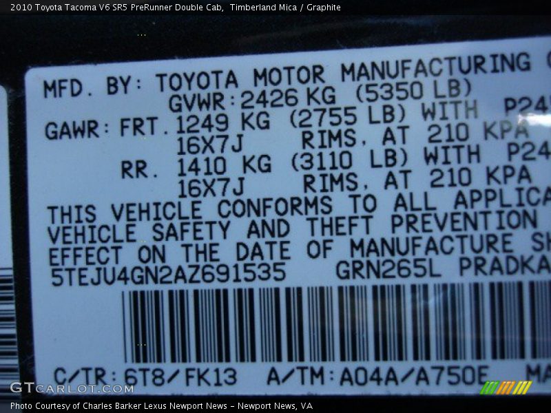 2010 Tacoma V6 SR5 PreRunner Double Cab Timberland Mica Color Code 6T8