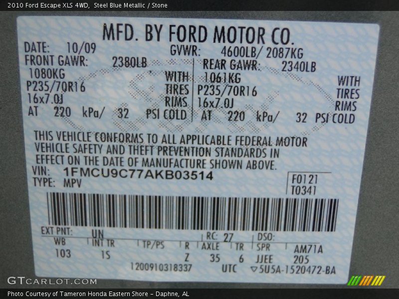 Steel Blue Metallic / Stone 2010 Ford Escape XLS 4WD