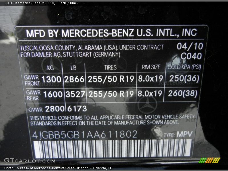 Black / Black 2010 Mercedes-Benz ML 350