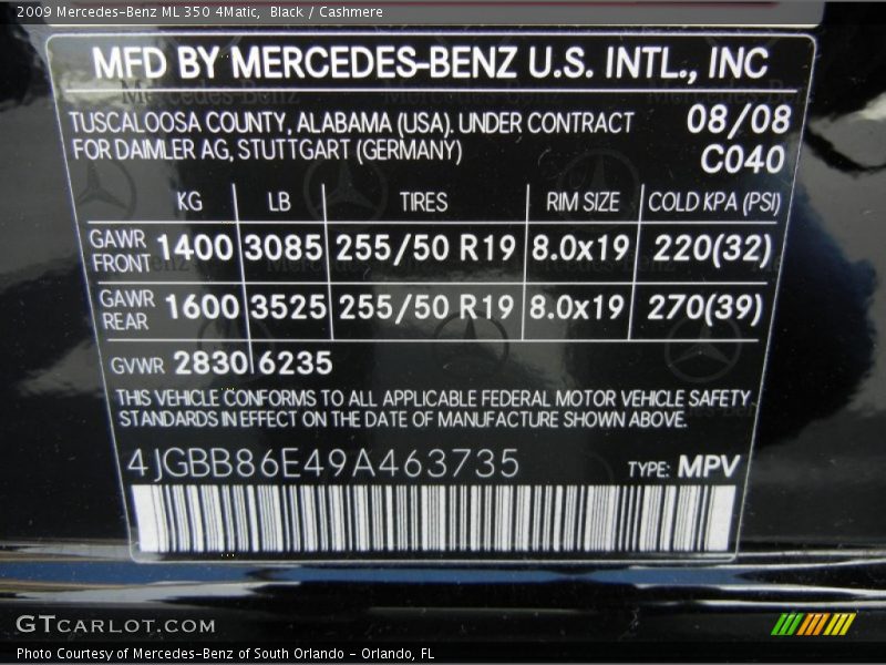 Black / Cashmere 2009 Mercedes-Benz ML 350 4Matic