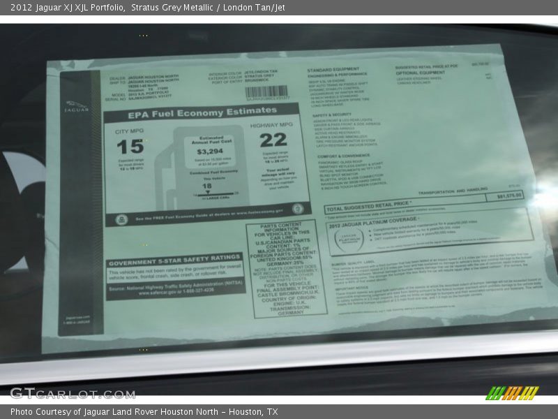  2012 XJ XJL Portfolio Window Sticker