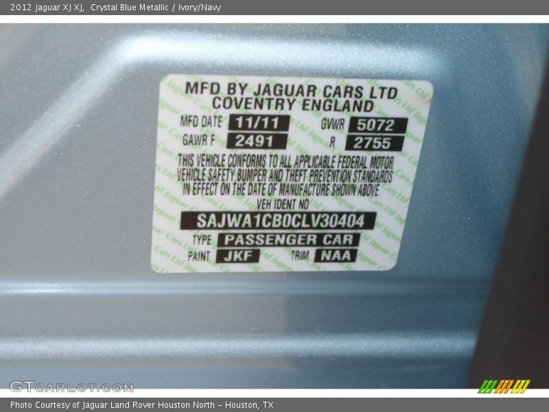 2012 XJ XJ Crystal Blue Metallic Color Code JKF