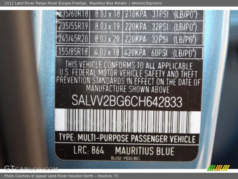2012 Range Rover Evoque Prestige Mauritius Blue Metallic Color Code 864