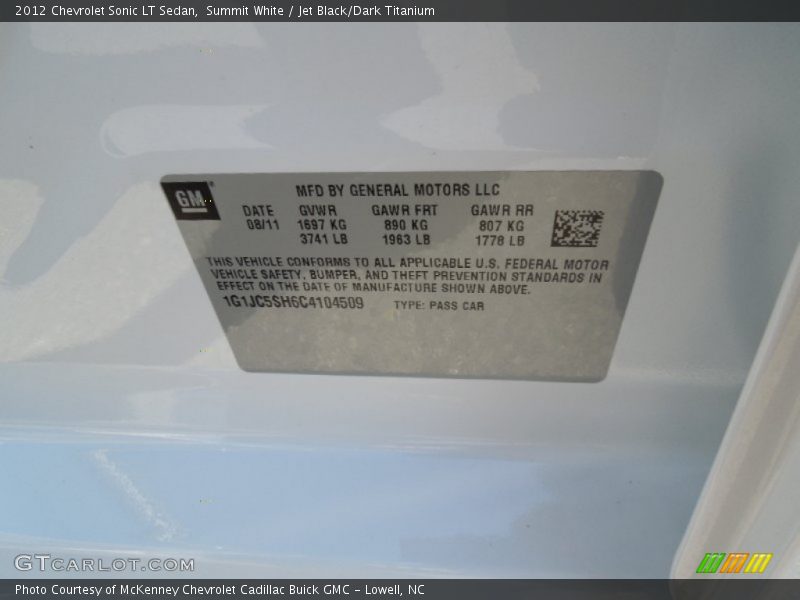 Summit White / Jet Black/Dark Titanium 2012 Chevrolet Sonic LT Sedan