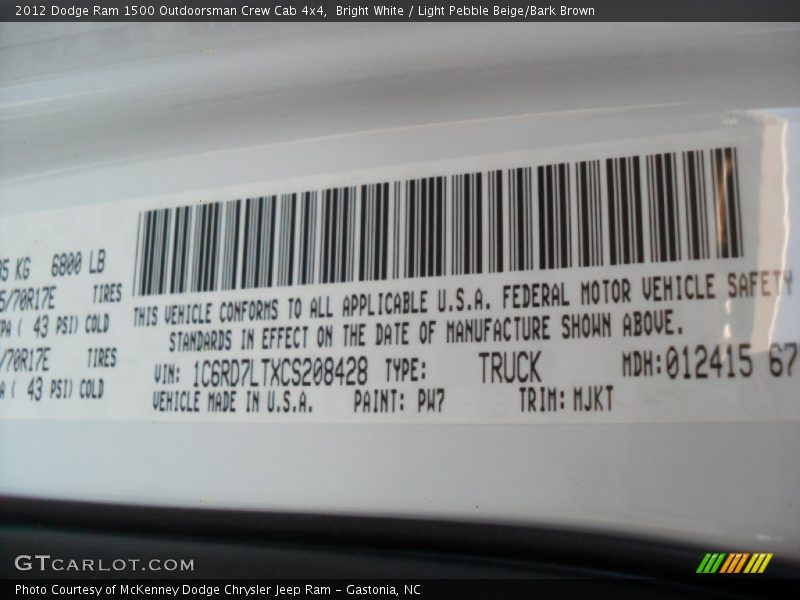 Bright White / Light Pebble Beige/Bark Brown 2012 Dodge Ram 1500 Outdoorsman Crew Cab 4x4
