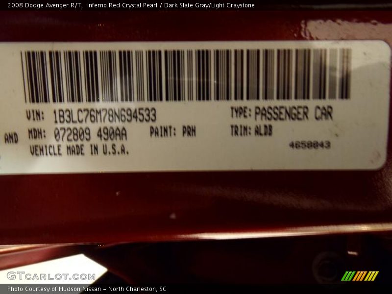 Inferno Red Crystal Pearl / Dark Slate Gray/Light Graystone 2008 Dodge Avenger R/T