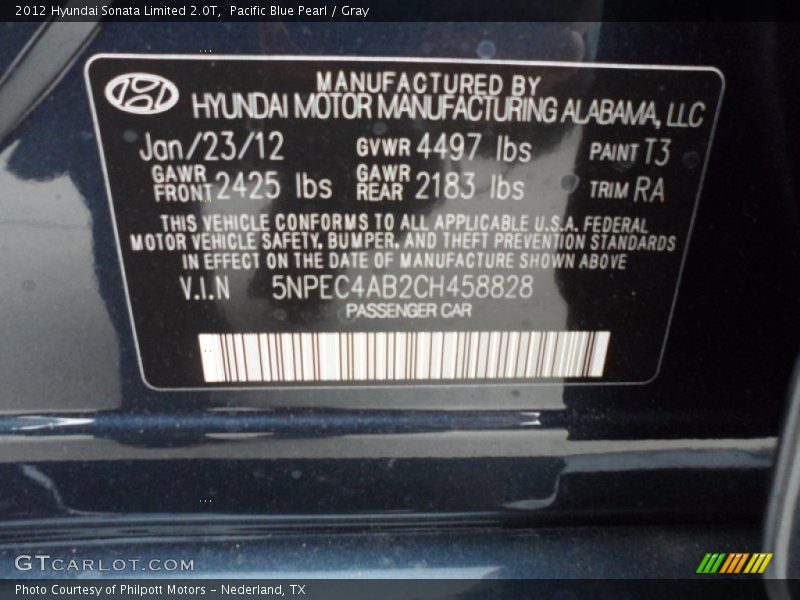 2012 Sonata Limited 2.0T Pacific Blue Pearl Color Code T3