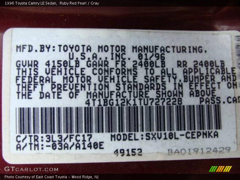 Ruby Red Pearl / Gray 1996 Toyota Camry LE Sedan