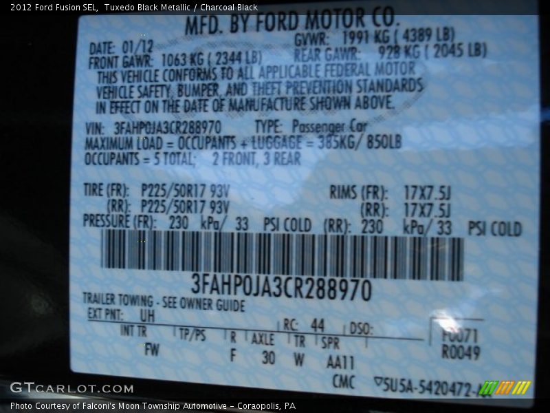 2012 Fusion SEL Tuxedo Black Metallic Color Code UH
