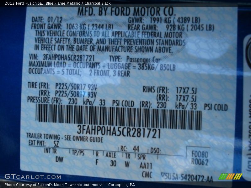Blue Flame Metallic / Charcoal Black 2012 Ford Fusion SE