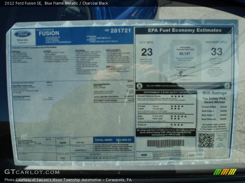 Blue Flame Metallic / Charcoal Black 2012 Ford Fusion SE