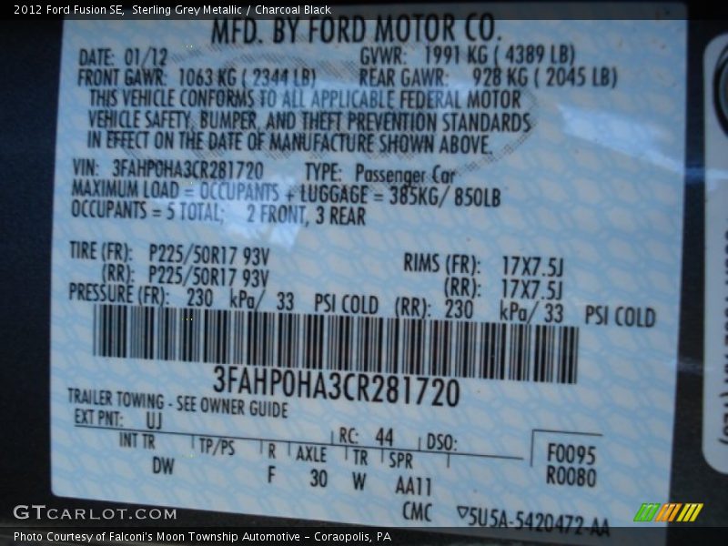 Sterling Grey Metallic / Charcoal Black 2012 Ford Fusion SE