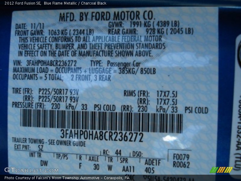 Blue Flame Metallic / Charcoal Black 2012 Ford Fusion SE