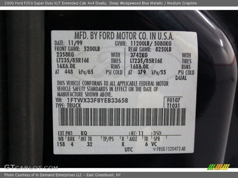 Deep Wedgewood Blue Metallic / Medium Graphite 2000 Ford F350 Super Duty XLT Extended Cab 4x4 Dually