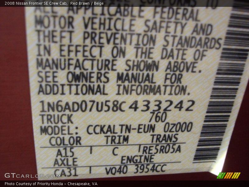 2008 Frontier SE Crew Cab Red Brawn Color Code A15