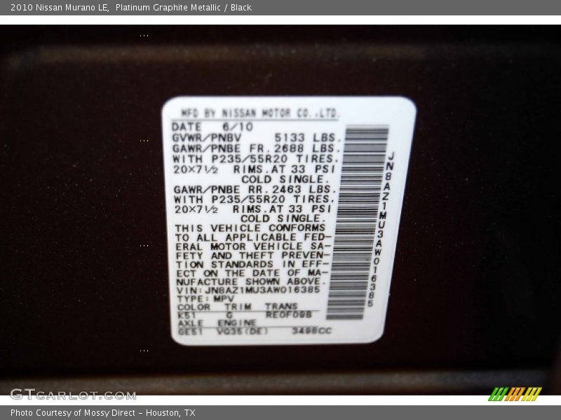 Platinum Graphite Metallic / Black 2010 Nissan Murano LE