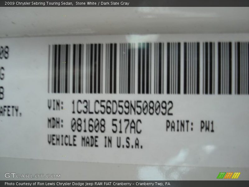 Stone White / Dark Slate Gray 2009 Chrysler Sebring Touring Sedan