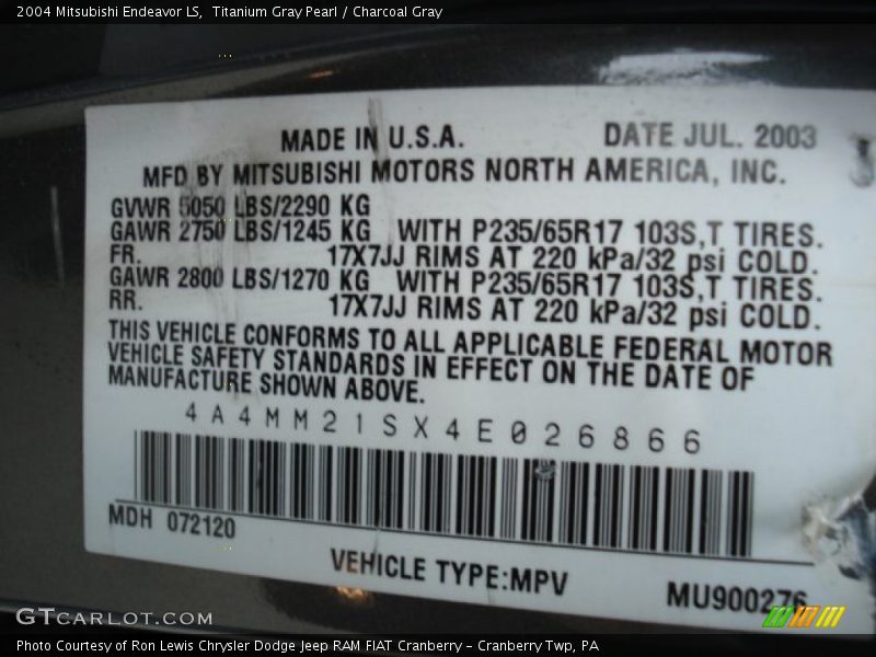 Titanium Gray Pearl / Charcoal Gray 2004 Mitsubishi Endeavor LS