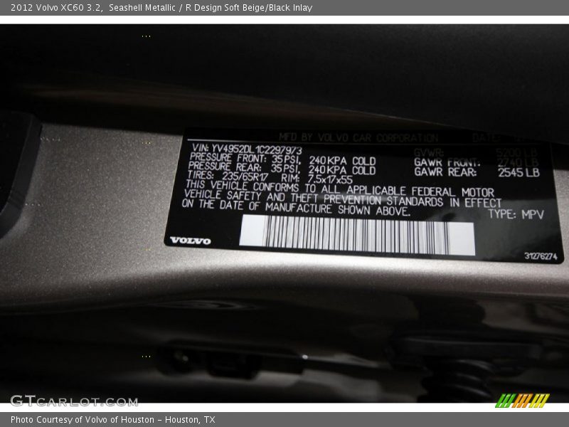 Seashell Metallic / R Design Soft Beige/Black Inlay 2012 Volvo XC60 3.2